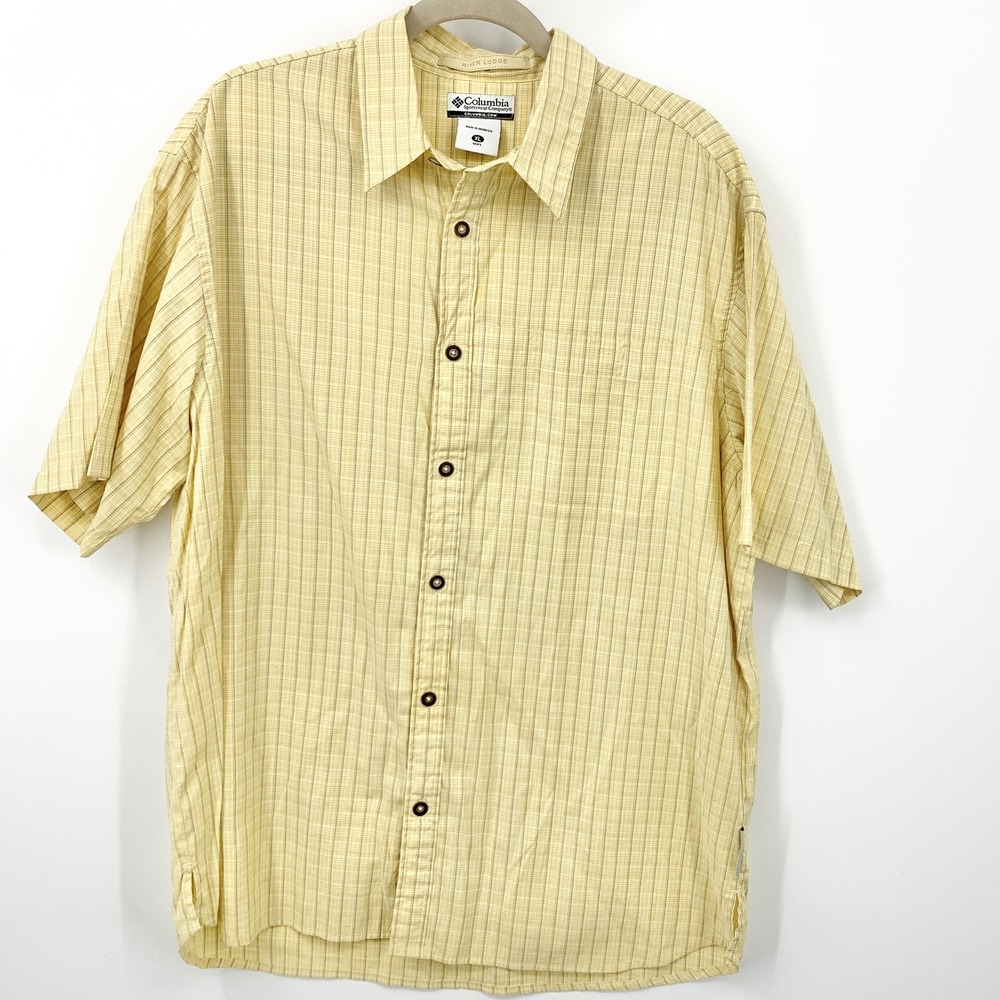 Columbia Men XL Shirt Button Down River Lodge Yellow Checkered Quick Dry Vented